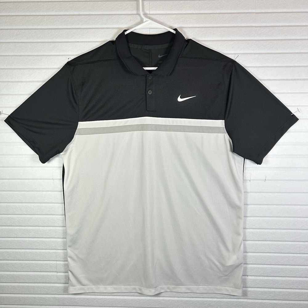 Nike Dri-FIT Men's Large Golf Polo Black Gray White Colorblock Swoosh